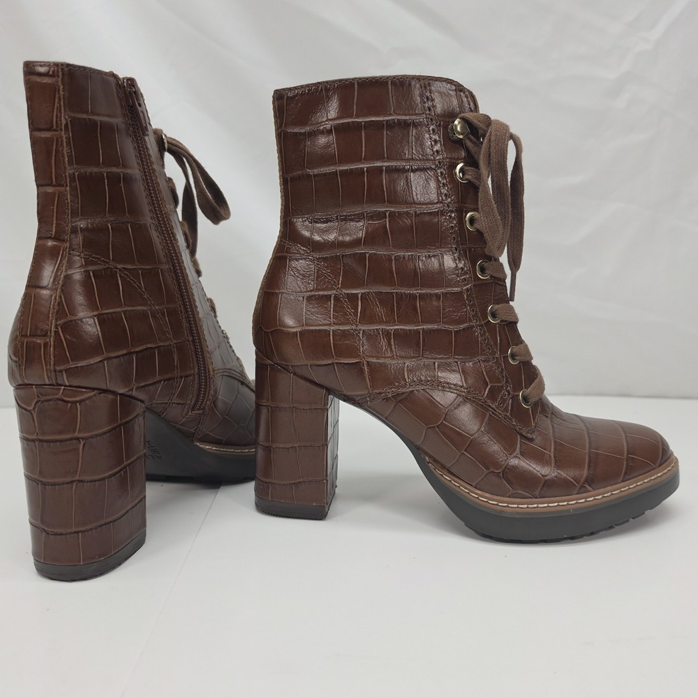 Naturalizer Womens 7.5 Brown Croc Embossed Leather Lace Up Ankle Boots Block Hee - Picture 8 of 16